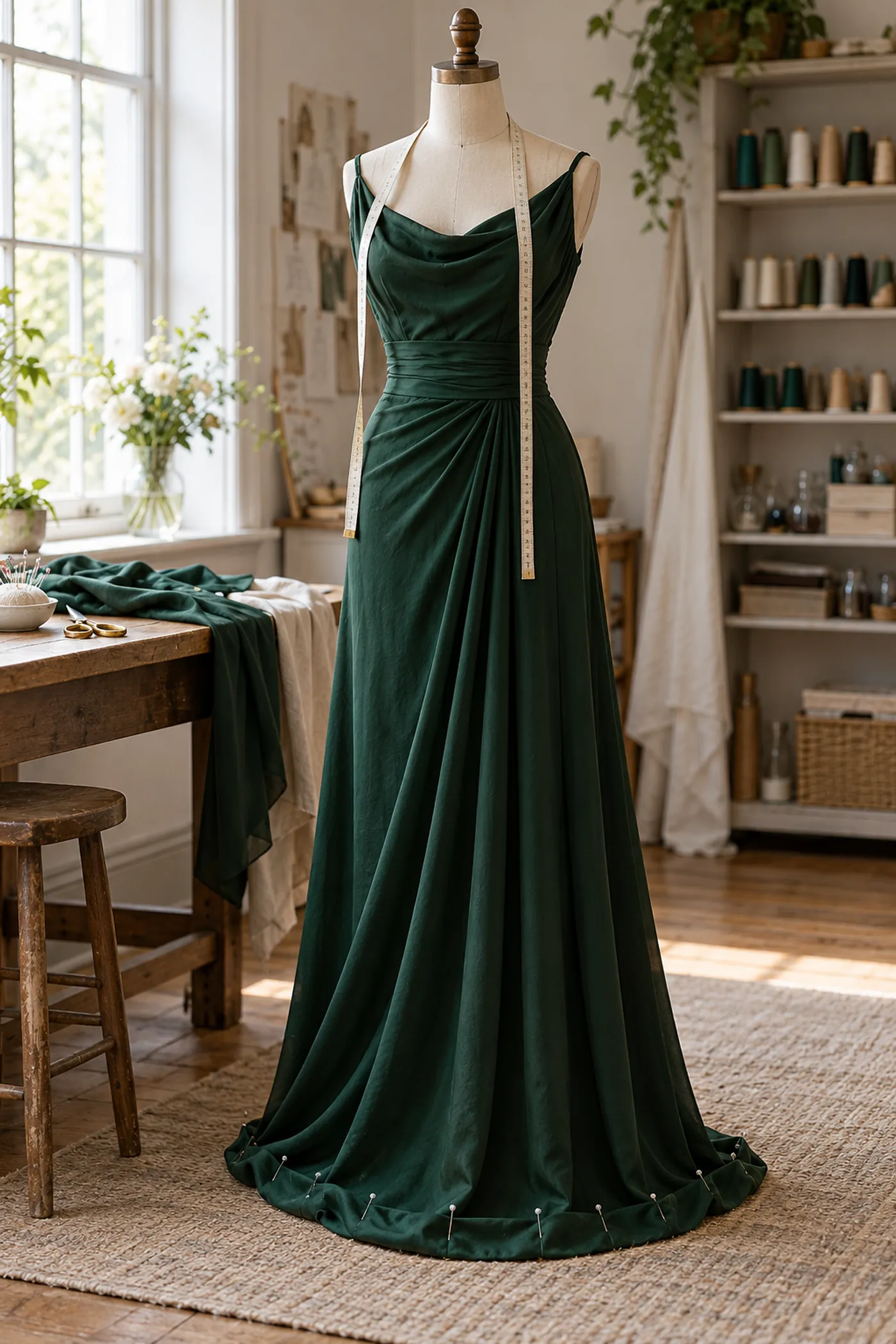 Illustration: dunkelgrünes Abendkleid mit abgestecktem Saum auf einer Schneiderbüste im hellen Atelier