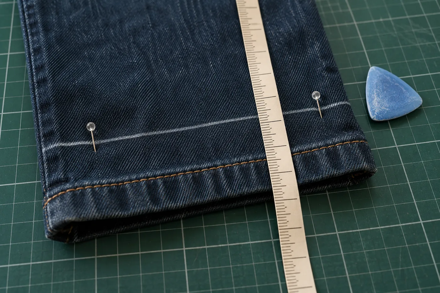 Illustration: Jeanssaum auf einer Schneidematte mit frischer Kreidelinie, Stecknadeln und Maßband